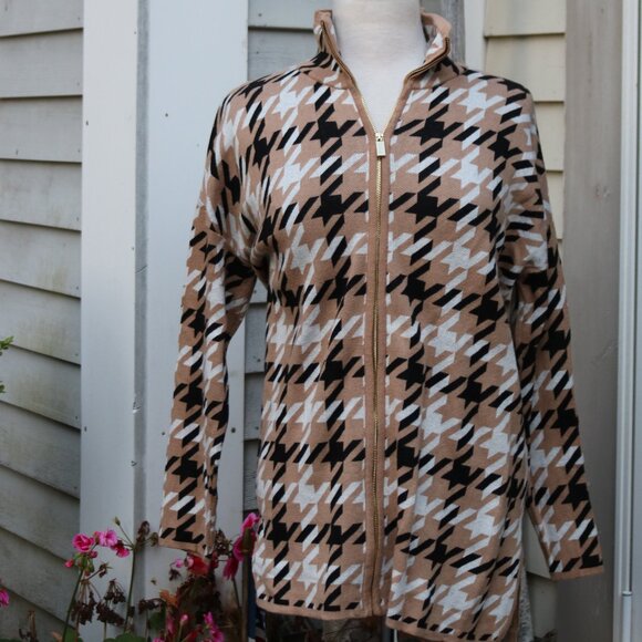Jones New York Tan White Black Houndstooth Long Zip Cardigan Sweater Sz LARGE - Picture 1 of 8